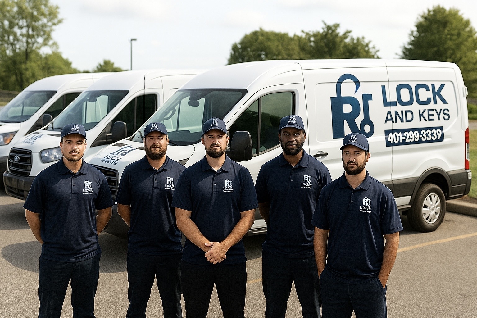RI Lock and Keys locksmith team with branded vans in Rhode Island